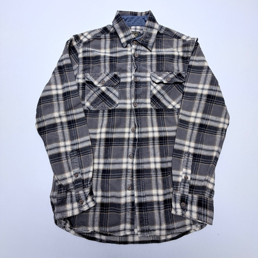 Jachs MFG Heritage Flannel Mens Grey Cream Plaid Button Down Shirt 100% Cotton